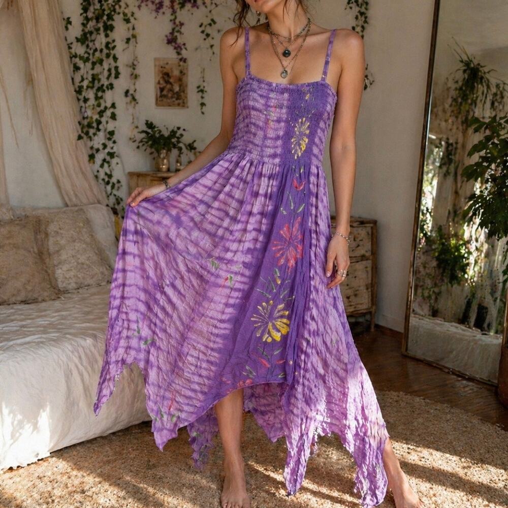 Peaceful People Purple Tie Dye Fairycore Midi Dress S Boho Festival
